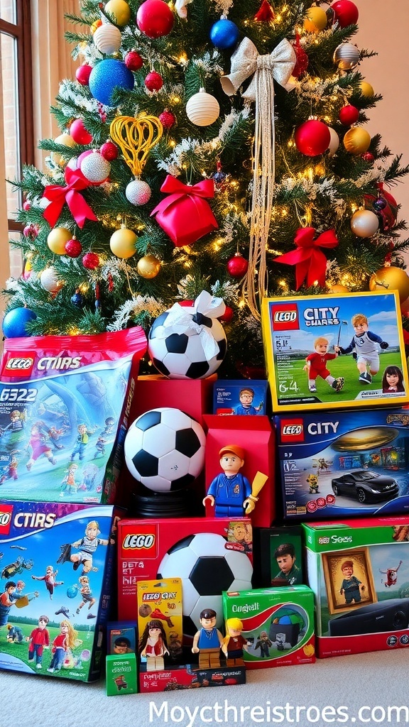 A collection of Christmas gifts for boys including LEGO sets, action figures, and sports equipment under a Christmas tree.